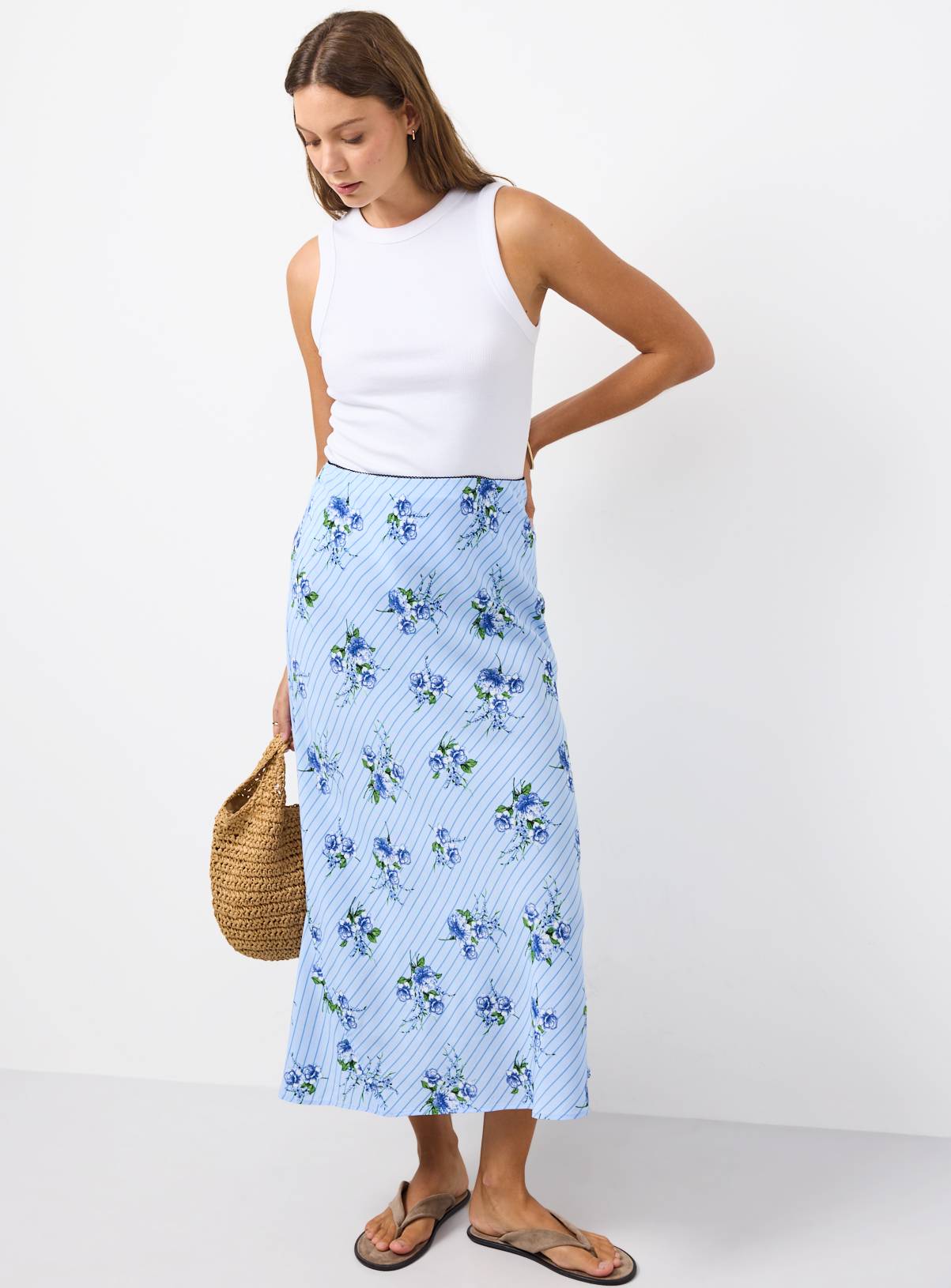 Blue Stripe Floral Print Midaxi Slip Skirt 8 - Image 2